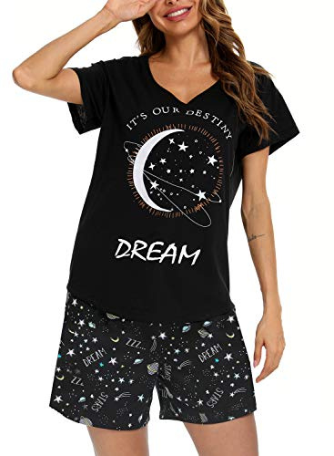 MIA LUCCE Pyjama Femme Ete Coton Manches Courtes Pyjama Short Femme Vêtements de Nuit avec Imprimé et Poches pour la Maison et Le Sommeil, S-XXXL