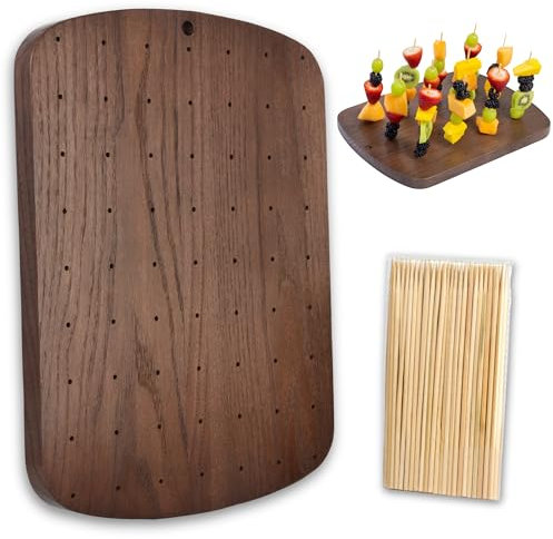 Wood Skewer Holder with 100pcs Bamboo Skewers for Appetizers - Wooden Food Display Board with 63 Holes for Cocktail Party, BBQ & Catering - Fruit Kabobs, Smores, Appetizer Serving Tray Pick Board