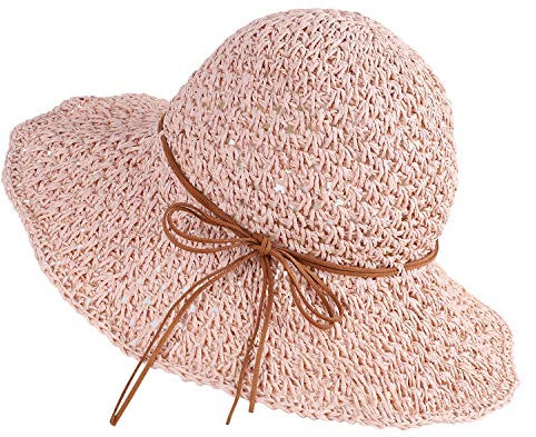 Strohhut Sommer Damen Sonnenhut Anti UV Strohmütze Schleife Elegant Strandhut Weich Klappbar Sonnenmütze Atmungsaktiv Strandmütze Leicht Sonnenstrohhut Sommermütze für Mädchen Strand Urlaub Rosa