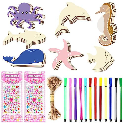 RVLZKCPG 28 Stück Meerestiere Bastelsets für Kinder, Basteln Kinder Ozean Tiere Holzanhänger zum Bemalen, Unterwasserwelt Deko, Kindergeburtstag Basteln, DIY Holztiere zum Bemalen für Mädchen Junge