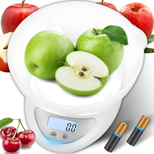 Retoo Balance de Cuisine Électronique de Haute Précision, Écran LCD, Capacité de charge 5 kg, Capacité du bol 800 ml, Alimentation 2 piles AAA, 5 Unités et Fonction Tare, Blanc