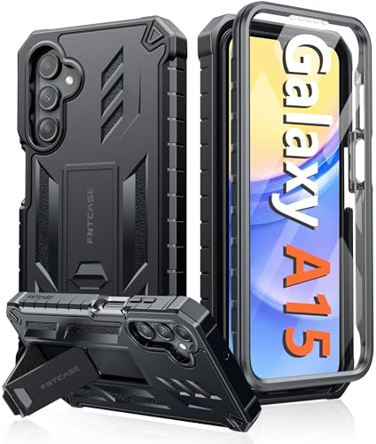 FNTCASE Coque pour Samsung Galaxy A15-5G : Coque de Protection de qualité Militaire Anti-Chute avec béquille | Coque de Protection intégrale Robuste en TPU texturé Mat Noir
