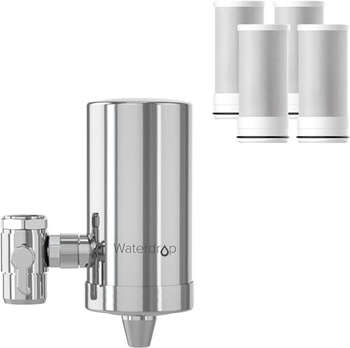 Waterdrop WD-FC-06 Filtre à Eau de Robinet en Acier Inoxydable,Système de Filtration d'eau à Bloc de Carbone,Filtre à eau du Robinet,Réduit le Chlore,les Odeurs et le Mauvais Goût(4 Filtres Inclus)
