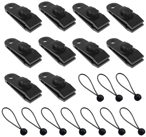 Planenclips, 10 Stück Zeltplanen Clips + 10 Stück Seilspanner, Planenspanner mit Kugel Set, Tarp Clips Upgrade Multifunktion Planenbefestigung für Outdoor, Boots Zelt Camping Vorzelt Markisen