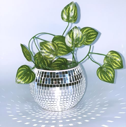 Qiumyanlod Mirror Ball Flower Pots, Disco Ball Flower Pot Glass Glitter Silver Disco Ball Decorative Plants Planter Plant Pot for Garden Office, 4 x 5 Inches, Gift for Aunt Girlfriend