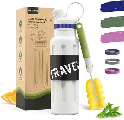 Botella Termica y Termo Agua Fria, Botella Agua Acero Inoxidable,Botellas de Agua de Fugas-500 ML/800 ML con Pajita, 3 Bandas de Silicona Intercambiables, Cantimplora Sin BPA para Viajes (800 ML)
