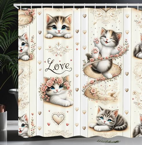 ABAKUHAUS Chat Rideau de Douche, Motif Vintage avec des Chatons Aux Yeux Bleus Souriants Cœurs, Material Resistente al Agua Durable Estampa Digital, 175 cm x 200 cm, Ivoire Brun Pâle Gris