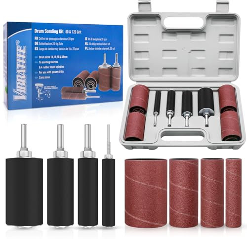 VIBRATITE 20 Stück Schleifhülsen Schleifwalzen Set - Gummi Schleiftrommel Set, 80 und 120 Körnung Schleifbandhülsen mit Werkzeugkasten für Bohrmaschinen Spindelschleifer