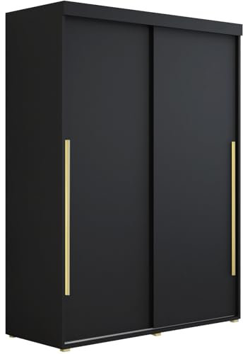 Meble Slupia - Garderobenschrank - Kleiderschrank Schiebetüren - 130x202x62cm - Kleider Schrank Schlafzimmer mit Kleiderstange - IGA Schwarz, Griff Gold
