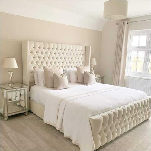Innovative Luxury Chesterfield Winged Bed Frame - Upholstered in Plush Velvet with Mattress/Gas Lift Option - UK Made (White Plush, King size 5ft with Gas Lift)