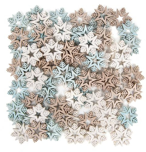 Logbuch-Verlag Weihnachten Streudeko Set 72 TLG. mini Sterne Schneeflocken aus Holz Tischdeko Weihnachtsdeko flach blau weiß braun 4 cm