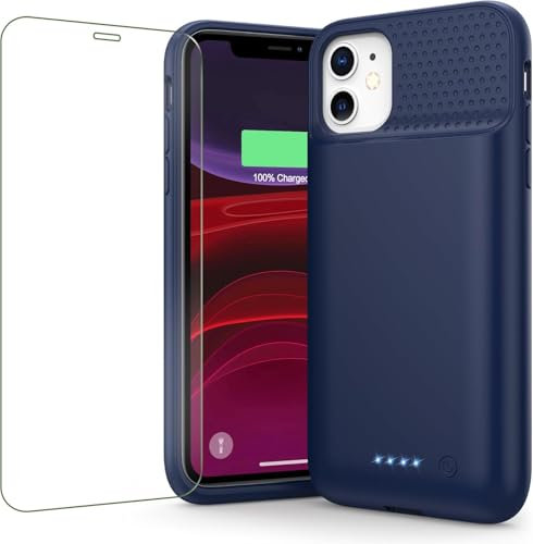 Feob Battery Case for iPhone 11/XR (6.1inch),Upgraded 7500mAh Slim Portable Charger Case Cover,External Battery Pack Charging Case with Tempered-Glass Screen Protector for iPhone 11/iPhone XR (Blue)