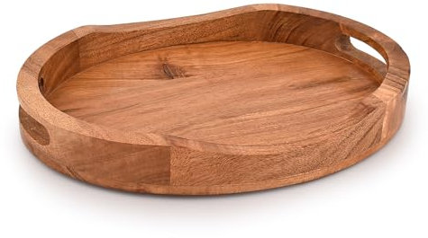 Mahasu Tray Acacia Wood Oval Large Tray with Handle Food Serving Trays for Living Room Home Dining Table (14 X 11 X 2)