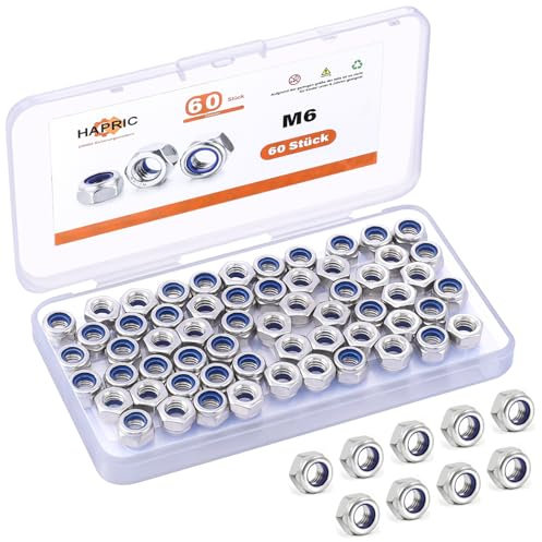 60 Stück Sechskantmuttern M6, Edelstahl Selbstsichernde Muttern Stoppmutter mit Aufbewahrungsbox zum Verbinden und Befestigen