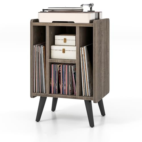 KOMFOTTEU Soporte para Tocadiscos con Estación de Carga, Estantería para Discos de Vinilo con 4 Compartimentos Abiertos, Mesa Auxiliar para Platos, Mesa de Impresión para Oficina (Gris)