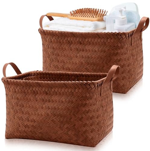 Lighterday 2 Pcs Wicker Storage Basket - Large Woven Basket With Handle for Shelves, Faux Rattan Seagrass Box Organizer for Home Office