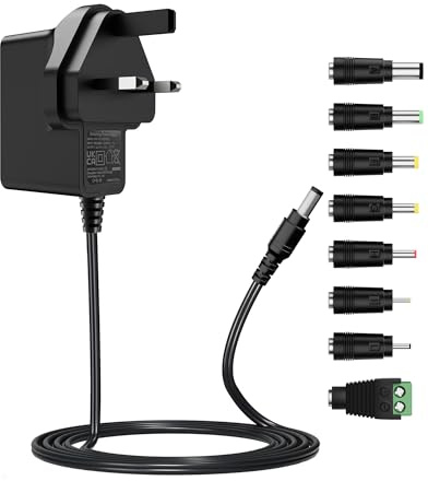 Akinguar 12V 2A Power Supply Adapter with 8 DC Connectors, AC 100-240V to DC 12V Converter Adapter Transformer UK Plug, 2.1mm X 5.5mm Tip, for LED Lights, CCTV Security Camera, Router, Speaker