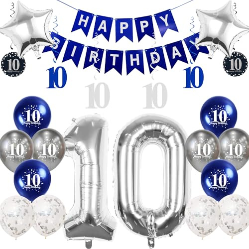 Pargleev 10th Birthday Decorations for Boys Girls,32 inch Number 10 Foil Balloons with Swirl Decorations Happy Birthday Banner and Star Foil Balloons 12PCS Confetii Silver