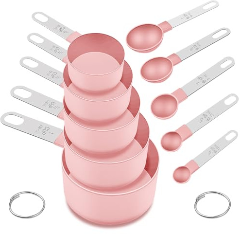 Measuring Cups and Spoons Set, 10-Piece with Stainless Steel Handles, Pink | Nesting, Multiple Sizes to Measure Dry & Liquid Ingredients, Clear Markings, Kitchen Essentials Gadgets for Baking & Cooking