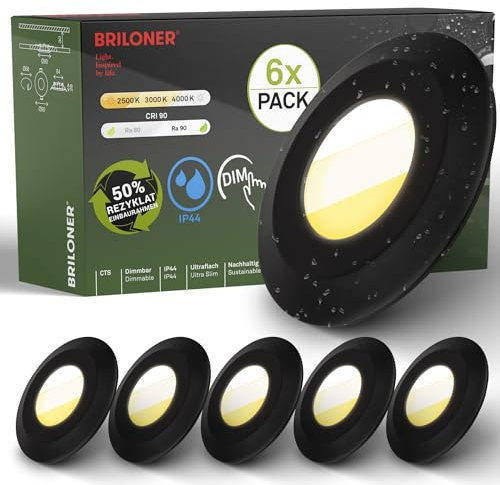 BRILONER - 6er Set LED Bad Einbaustrahler 230V Gehäuse 50% recycelt, Farbtemperaturwechsel, Dimmbar, IP44, Ra90, LED Spot, flach, Decke, Einbauleuchten, Badezimmer, 68mm, 90x30mm (DxH), Schwarz