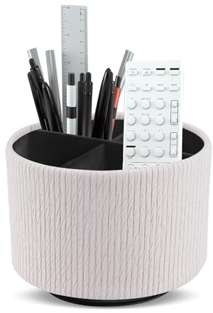 Mtzmy Organiseur rond en cuir pour fournitures artistiques, support de télécommande, rotation à 360 degrés, porte-crayons multifonctionnel, 4 compartiments (1 beige bois)