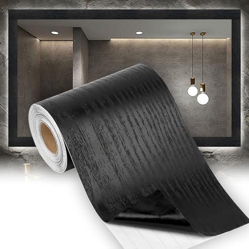 Okxiri 32.8 FT X 3.93 in Black Border Wood Grain Peel and Stick Wallpaper, Bathroom Mirror Frame Border, Removable PVC Waterproof Decor Sticker Mirror Trim for Bathroom and Home Decor