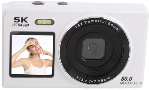 Bewinner 5K Dual Screen Digital Camera, 80MP Vlog Photography Camera with 18X Digital Zoom Flash, Portable WiFi Autofocus Cameras for YouTube,Campus,Travel (White)