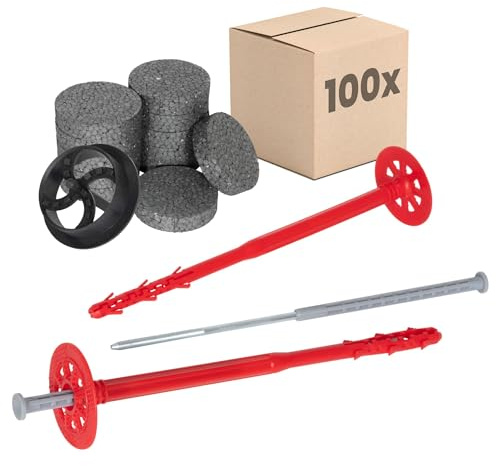 PROTEKTOR 100 Taco aislam., clavo acero, 200 arandelas+fresa Ø10 x 300mm | Taco de impacto certificado ETA con clavo y arandela aislante, set para SATE, aislamiento de fachada
