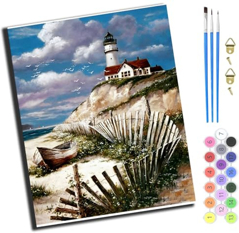 XIAOYOUQIAN Leuchtturm Und Altes Schiff An Der Küste,Malen Nach Zahlen Erwachsene,Paint By Numbers,Diy Handgemalt Ölgemälde Mit 3,Pinseln Und Acrylfarbe Leinwand Kit,40X50 Cm,Ohne Rahmen