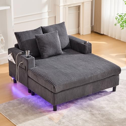 HOXINBLY Sofa Chaiselongue mit Schlaffunktion, Polstermöbel Loungesessel mit USB und LED, Wohnzimmer Möbel mit seitlichen Getränkehaltern, Schlafsofa für Wohnzimmer Schlafzimmer Villa, Dunkelgrau