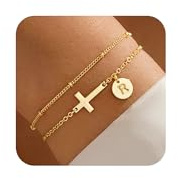 TINGN Armband Damen Gold mit Kreuz - 14K Gold Vergoldet Layered Personalisierte Armband mit Buchstaben Monogramm Scheiben Armkette Damen Goldschmuck Taufe Geschenke für Frauen Teenager Mädchen
