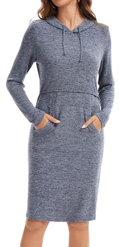 Sosolism Umstands-Stillkleid mit Kapuze und Tasche für Damen S-XXL | Klassisches Langarm-Kapuzenkleid in regulärer Passform mit praktischen Taschen und diskretem Hochziehzugang zum Stillen