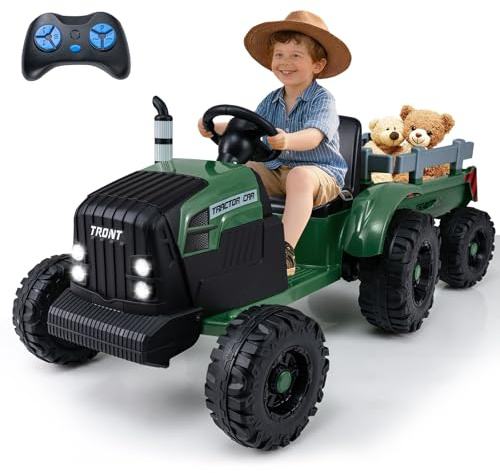 COSTWAY Elektro Traktor mit Anhänger, 24V Aufsitztraktor elektrisch inkl. Fernbedienung, Kindertraktor mit Musik, USB, Sanft-Start & LED Lichtern, Elektrotraktor für Kinder ab 3 Jahren (Dunkelgrün)