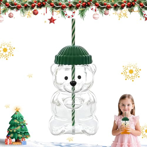Cute Bear Shaped Glass Cup with Green Beanie Lid and Straw 20oz Clear Large Bear-Shaped Glassware Bottle Iced Coffee Animal Funny Christmas Drinking Mugs Gifts for Iced Coffee Juice Wine Milk (600ML)