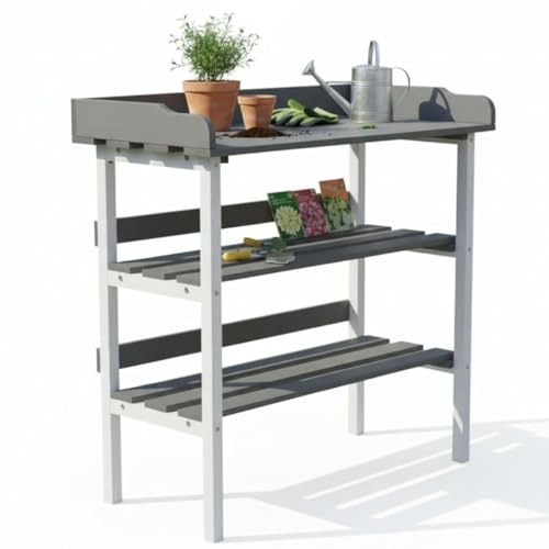 Mucola Pflanztisch Gartenarbeitstisch verzinkte Arbeitsplatte 84x78x38 cm | Gärtnertisch aus Fichtenholz, 2 Ablageböden und 3 Haken, Grau Weiß, für Balkon, Terrasse und Gewächshaus, Lieferung zerlegt