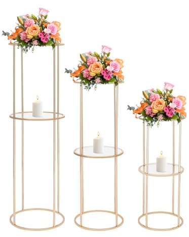 ROGONPDK 3pcs 2 Ebenen Rund Blumenständer, Wedding General Blumenständer, Hochzeitsblumenständer 100cm, 80cm, 60cm, für Hochzeiten Geburtstagsfeiern Veranstaltungen (Gold)