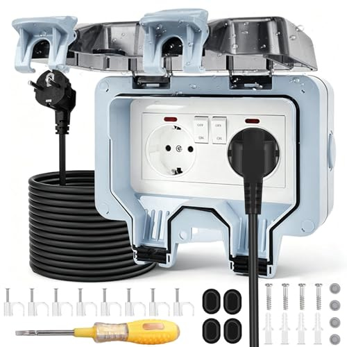 Prise extérieure, étanche IP66, double prise extérieure avec câble d'extension de 3 m, interrupteur, voyant lumineux, tournevis et couvercle rabattable, prise murale de jardin