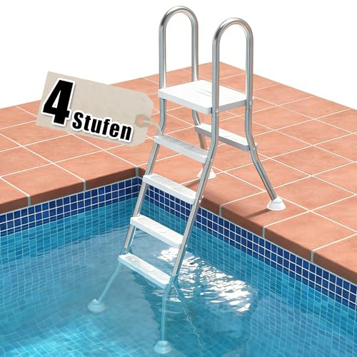 YRHome Poolleiter 4 Stufen aus Edelstahl, rutschfeste Schwimmbadleiter für Teilversenkte Pools bis 135 cm Beckentiefe, Mobiler Pooltreppe Einstiegshilfe aus 304 Edelstahl