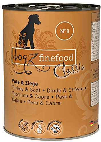 dogz finefood Hundefutter nass - N° 8 Pute & Ziege - Feinkost Nassfutter für Hunde & Welpen - getreidefrei & zuckerfrei - hoher Fleischanteil, 6 x 800 g Dose