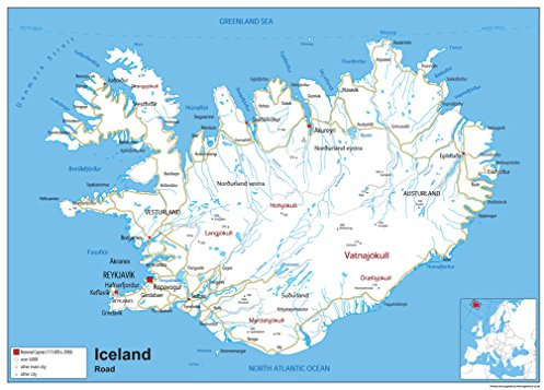 Straßenkarte von Island – Papier, laminiert [GA] A2 Size 42 x 59.4 cm