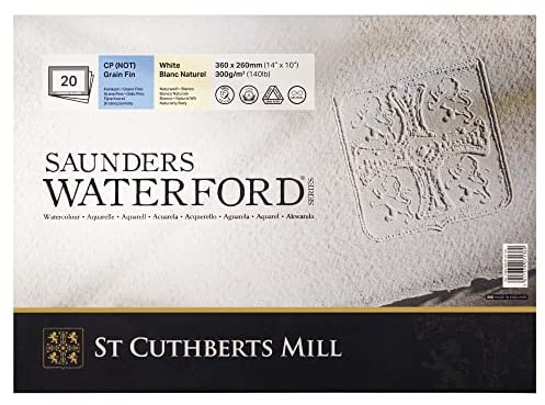 St Cuthberts Mill Saunders Waterford Series, Glued Pad 4 Sides, 26 x 36 cm, Fine Grain, 300 g, 20 Sheets, 100% Cotton Watercolor Paper, White