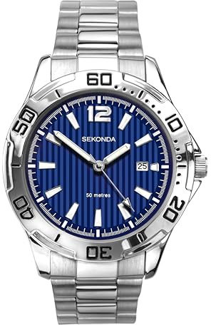 Sekonda Caspian Mens Analogue Watch 42mm dial Silver Stainless Steel | 50 Metres Water Resistance, mineral glass crystal, folding clasp, striped dial texture, date display, ion-plated case