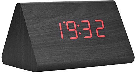LED Digital Wecker, Holz Uhr für Schlafzimmer Modern Holz Dreieck Uhr 3 Stufen Helligkeit Temperaturanzeige mit Sprachsteuerung(Schwarzes Holz)