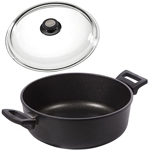 Eurolux Guss-Kasserolle Ø 32 cm Induktion Set mit Deckel aus Glas - flache runde Universal Bratenkasserolle 8.0 Liter mit Antihaft-Beschichtung - Made in Germany