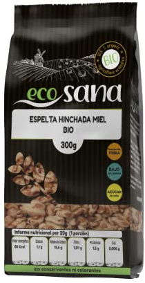 ESPELTA HINCHADA MIEL BIO 300G ECOSANA | Cereal Hinchado Endulzado con Miel Natural, Ideal para el Desayuno o Como Snack Saludable, Certificado BIO, Vegano Diario
