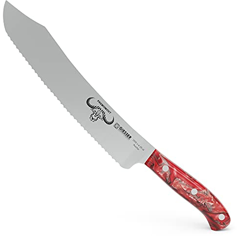 Giesser seit 1776 - Made in Germany - Brotmesser 25 cm Red Diamond, PremiumCut Wave No 1, Wellenschliff, Acryl, rot, rostfrei, deutsches Grillmesser scharf