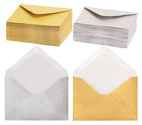 Geschenkkarten-Umschläge – 100er-Pack Mini-, Papier-Visitenkarten- und winzige Notizkarten-Umschläge, Gold und Silber, 50 Stück