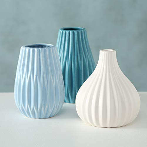 mucplants 3er Set Vasen blau Höhe bis ca. 12cm Dekovasen Blumenvasen Tischvasen Steingut Blumen