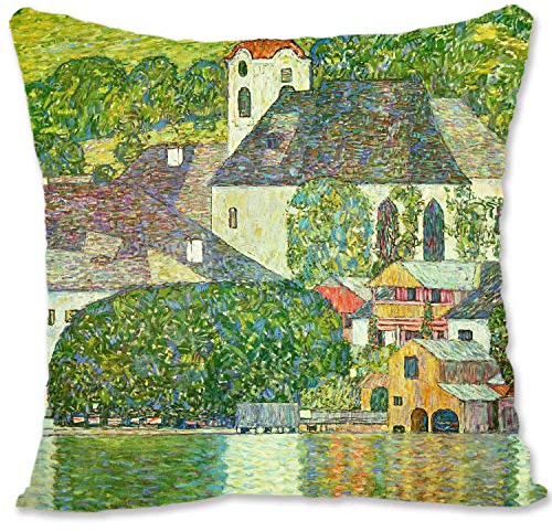 BONNIU Deko Kissenbezug mit Reißverschluss 50X50 cm Samt Kissenschutz Landschaft Kunst - Klimt - Kirche In Unterach Am Attersee 1916 GK007