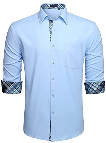 HISDERN Men's Light Blue Regular Fit Dress Shirts Casual Business Long Sleeve Formal Button Down Shirts for Men Wedding Party Work with Pockets